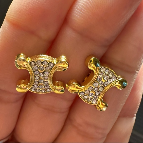 Celine Gold Crystal Metal Buttons Turned into Earring Studs Macadam Triomphe - Picture 8 of 16